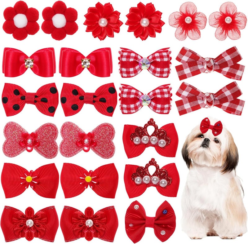 Gvhntk 24Pcs Red Small Dog Hair Bows Cute Puppy Dog Bowknot Hair Bow Bulk with Rubber Bands Elastic Lace Rhinestone Pearls Hair Ties Mix Style Handmade Flower Bow Dog Cat (Red, Strong Pattern) - Image 1
